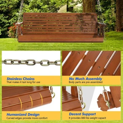 Karl Home | 5ft 3-Personn Brown Outdoor Fir Wood Hanging Porch Swing 4 Karl Home | 5ft 3-Personn Brown Outdoor Fir Wood Hanging Porch Swing - Image 2