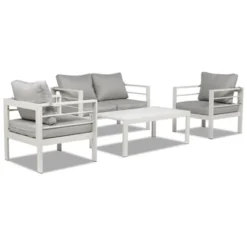 Karl Home White 4-Piece Aluminum Patio Conversation Set With Light Gray Cushions