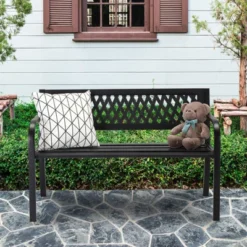 Karl Home | 47 In. Black Iron Outdoor Bench With Plastic Backrest -Karl Home Shop GUEST 2436c313 aecf 4363 a98c cacb9054cbb9