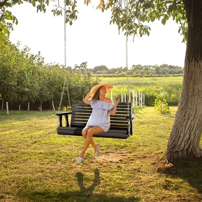 Karl Home | 4ft 2-Personn Black Outdoor Fir Wood Hanging Porch Swing 5 Karl Home | 4ft 2-Personn Black Outdoor Fir Wood Hanging Porch Swing - Image 3