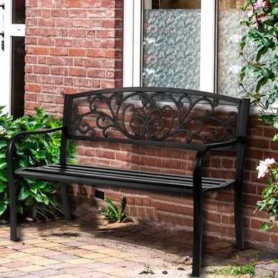 Karl Home | 47 In. Black Iron Outdoor Bench Floral Backrest 8 Karl Home | 47 In. Black Iron Outdoor Bench Floral Backrest - Image 6