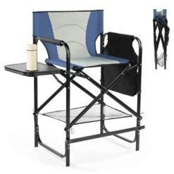 Karl Home 26in Navy Iron Pipe Folding Director Chair With Built-in Cup Holder, Side Table, Storage Pocket -Karl Home Shop GUEST 5e4f04b4 2ada 464b 8c1a ad4f866b986e