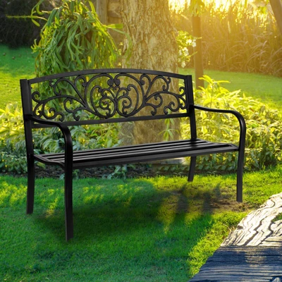 Karl Home | 47 In. Black Iron Outdoor Bench Floral Backrest 9 Karl Home | 47 In. Black Iron Outdoor Bench Floral Backrest - Image 7