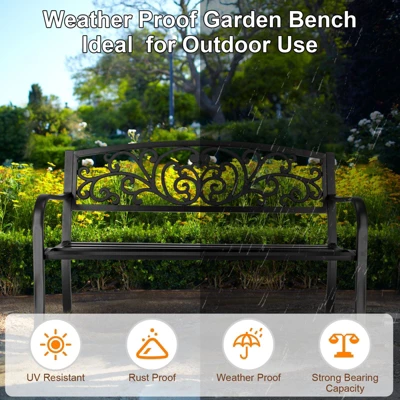 Karl Home | 47 In. Black Iron Outdoor Bench Floral Backrest 4 Karl Home | 47 In. Black Iron Outdoor Bench Floral Backrest - Image 2