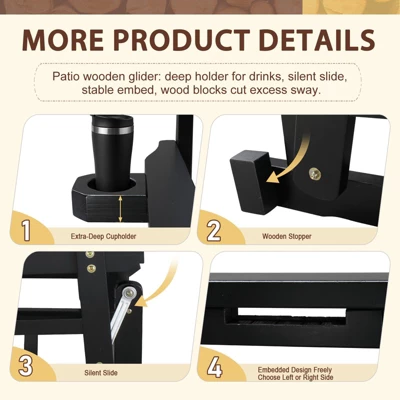 Karl Home | 48 In. Solid Wood Patio Glider Bench With Cup Holder 4 Karl Home | 48 In. Solid Wood Patio Glider Bench With Cup Holder - Image 2