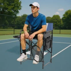 Karl Home 26in Navy Iron Pipe Folding Director Chair With Built-in Cup Holder, Side Table, Storage Pocket