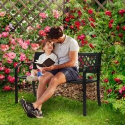 Karl Home | 47 In. Black Iron Outdoor Bench With Plastic Backrest -Karl Home Shop GUEST 9a661f01 a1dd 4615 b220 b1e617e480c8