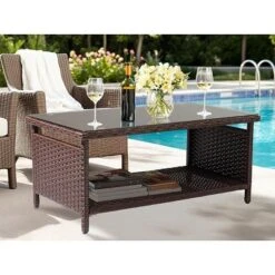 Karl Home| 2-Layer Brown Outdoor Wicker Coffee Table With Glass Tabletop -Karl Home Shop GUEST ae7fc38a c365 4b2b 8b3a 1c9bc04602f3