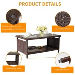 Karl Home| 2-Layer Brown Outdoor Wicker Coffee Table With Glass Tabletop