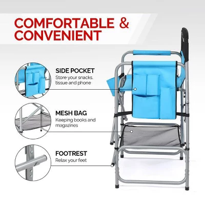 Karl Home 25in Portable Folding Director Chair With Retractable Side Tables And Side Bags Blue 3 Karl Home 25in Portable Folding Director Chair With Retractable Side Tables And Side Bags Blue