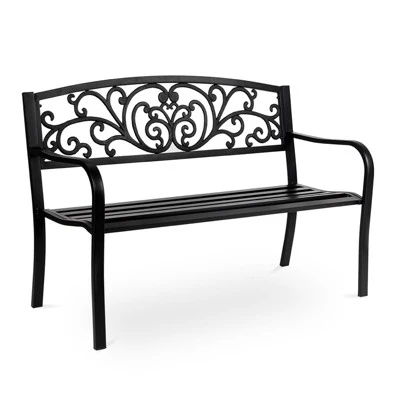 Karl Home | 47 In. Black Iron Outdoor Bench Floral Backrest 10 Karl Home | 47 In. Black Iron Outdoor Bench Floral Backrest - Image 8