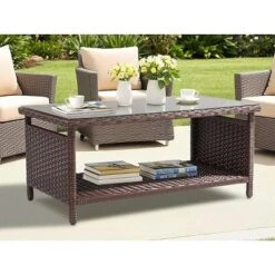 Karl Home| 2-Layer Brown Outdoor Wicker Coffee Table With Glass Tabletop -Karl Home Shop GUEST cbafeae9 c112 45a2 81a1 b415adf5b440