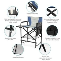Karl Home 26in Navy Iron Pipe Folding Director Chair With Built-in Cup Holder, Side Table, Storage Pocket -Karl Home Shop GUEST d874f8ee c550 4fed b9d2 d1765bcdebaa