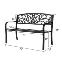 Karl Home | 47 In. Black Iron Outdoor Bench Floral Backrest