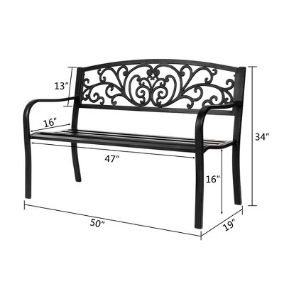 Karl Home | 47 In. Black Iron Outdoor Bench Floral Backrest 3 Karl Home | 47 In. Black Iron Outdoor Bench Floral Backrest